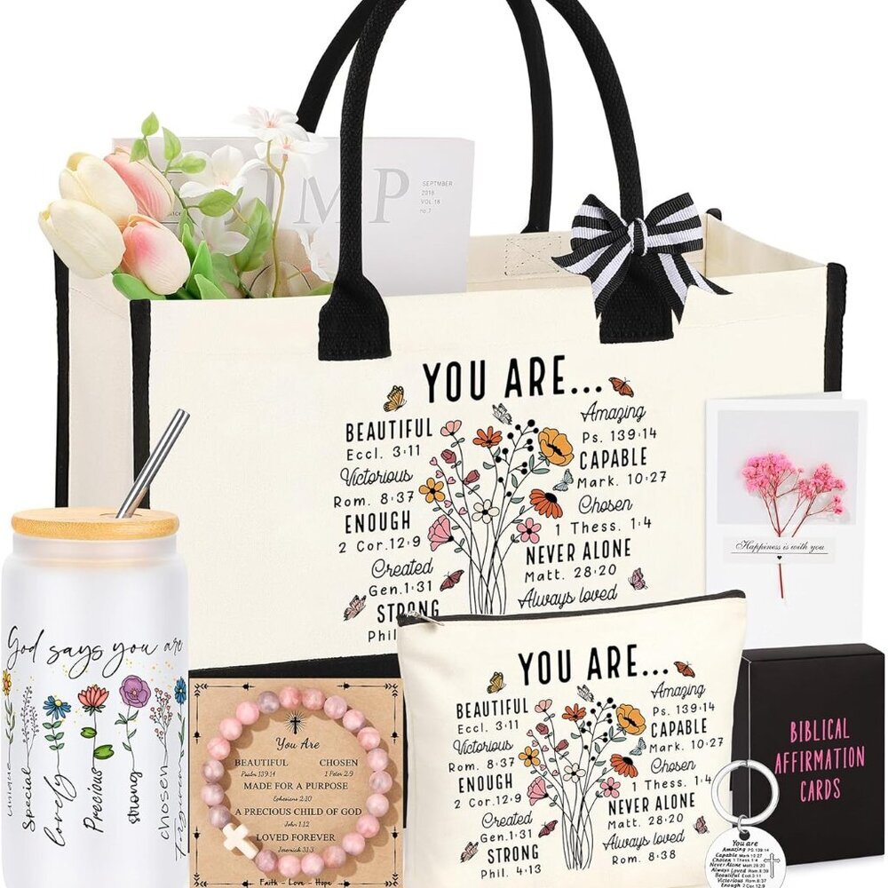 Christian Gifts for Women Set Includes Glass Mug Tote Keychain Affirmation